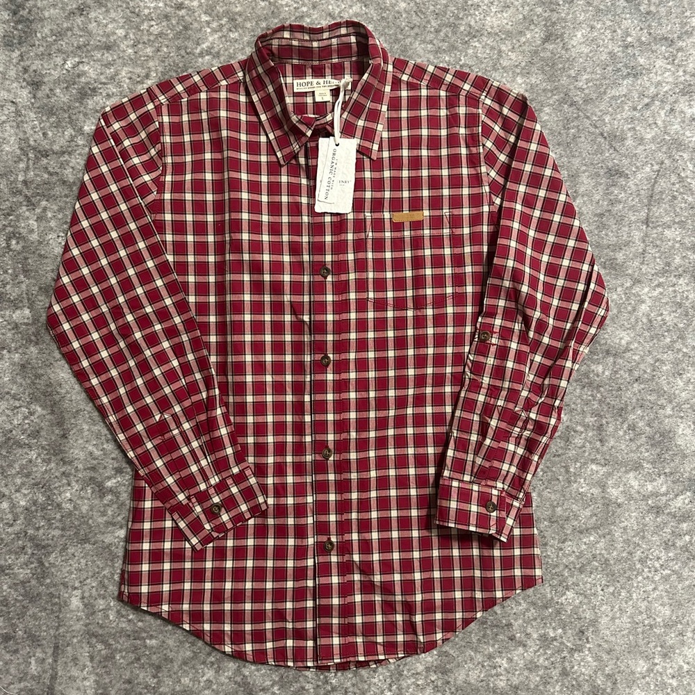 Hope And Henry Shirt Boys Large Organic Cotton Red Plaid White Preppy Buttons